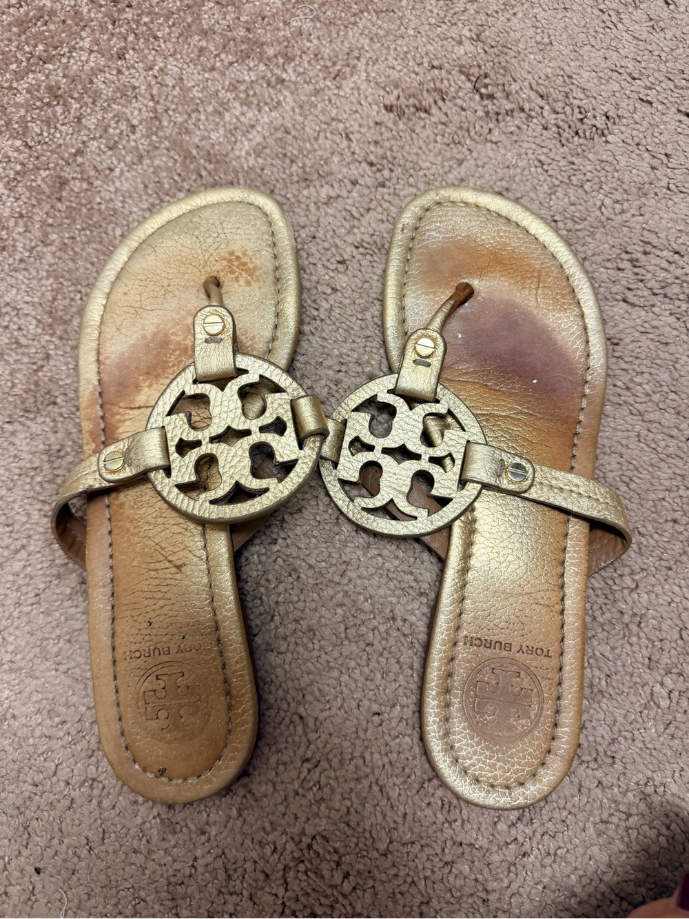 Tory Burch Gold Leather Women's Logo Medallion Sandals